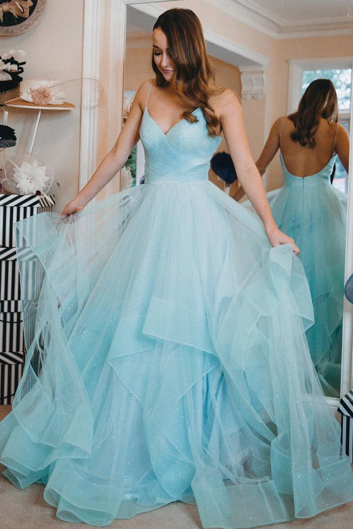 Princess Tiffany Blue Long Ball Gown with Ruffles – FancyVestido