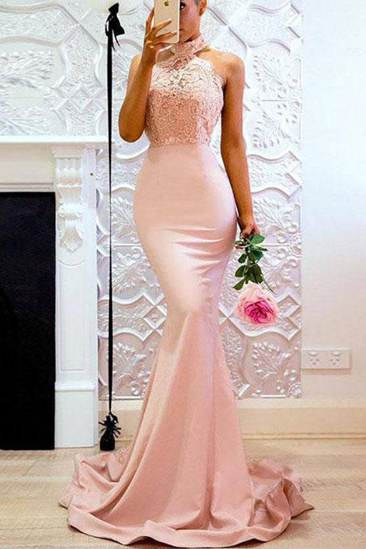 Sexy High Neck Mermaid Pink Long Bridesmaid Dress