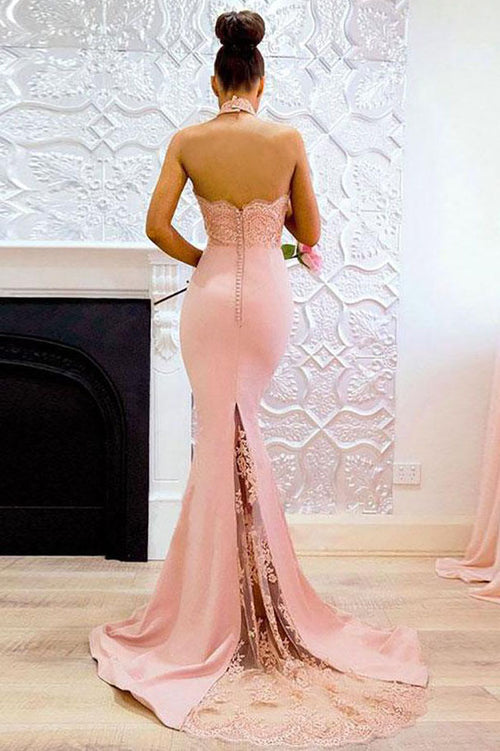 Sexy High Neck Mermaid Pink Long Bridesmaid Dress