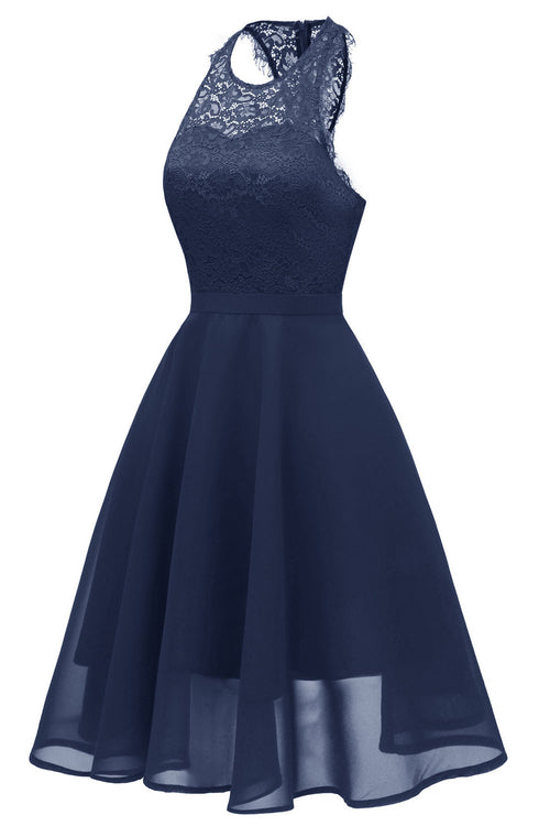 Sheer Sleeveless Chiffon Navy Blue Short Party Dress