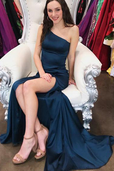 Navy Blue Satin One Shoulder Prom Dress with Slit