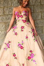 Sweetheart Champagne Long Prom Dress with Floral Embroidery