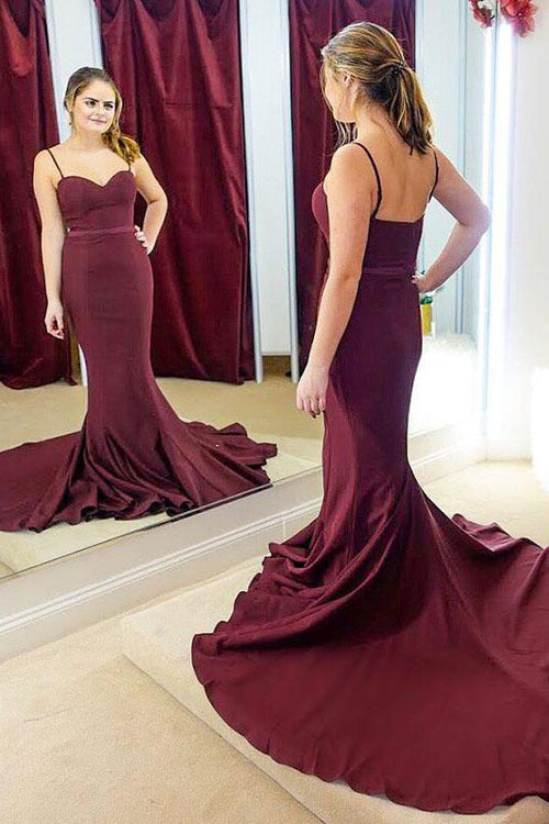 Mermaid Spaghetti Straps Burgundy Long Bridesmaid Dress