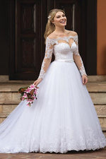 Princess Long Sleeves Off Shoulder White Wedding Dress with Lace