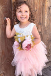 Cute Pink Tiered Flower Girl Dress with Lace Top