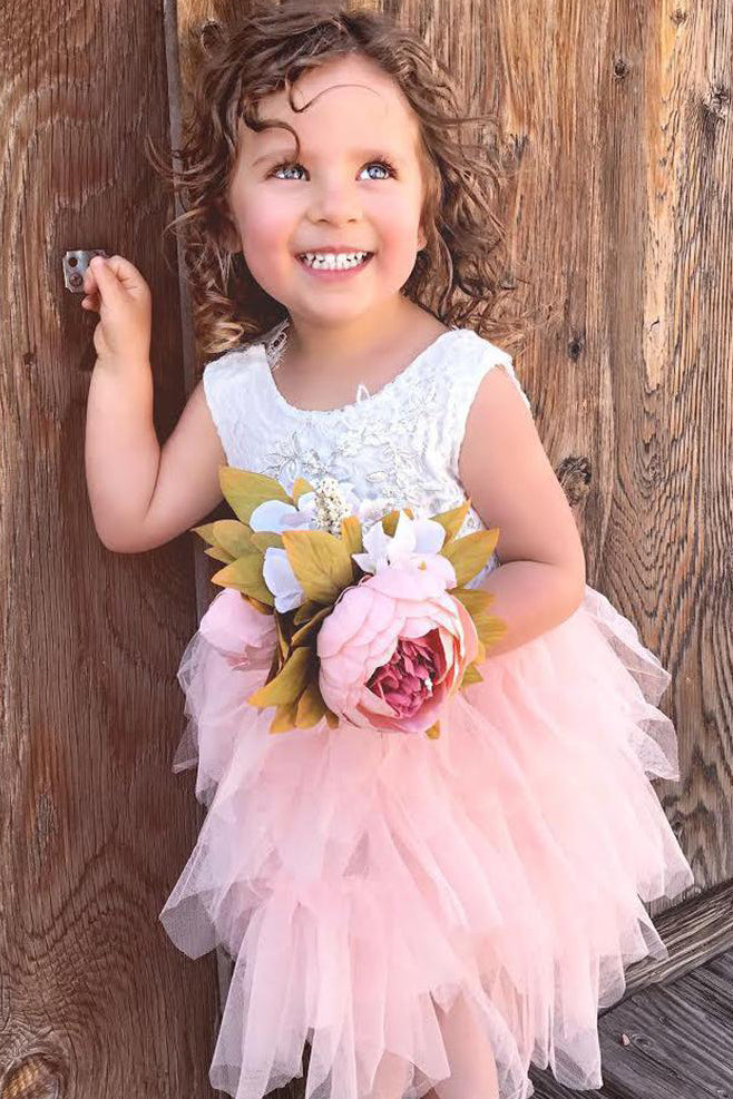 Cute Pink Tiered Flower Girl Dress with Lace Top
