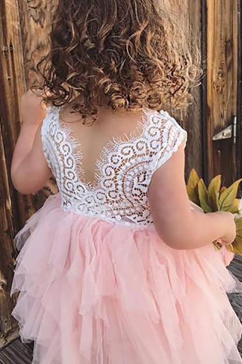 Cute Pink Tiered Flower Girl Dress with Lace Top