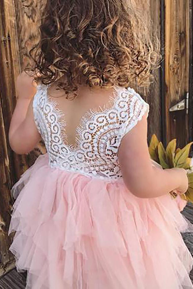 Cute Pink Tiered Flower Girl Dress with Lace Top