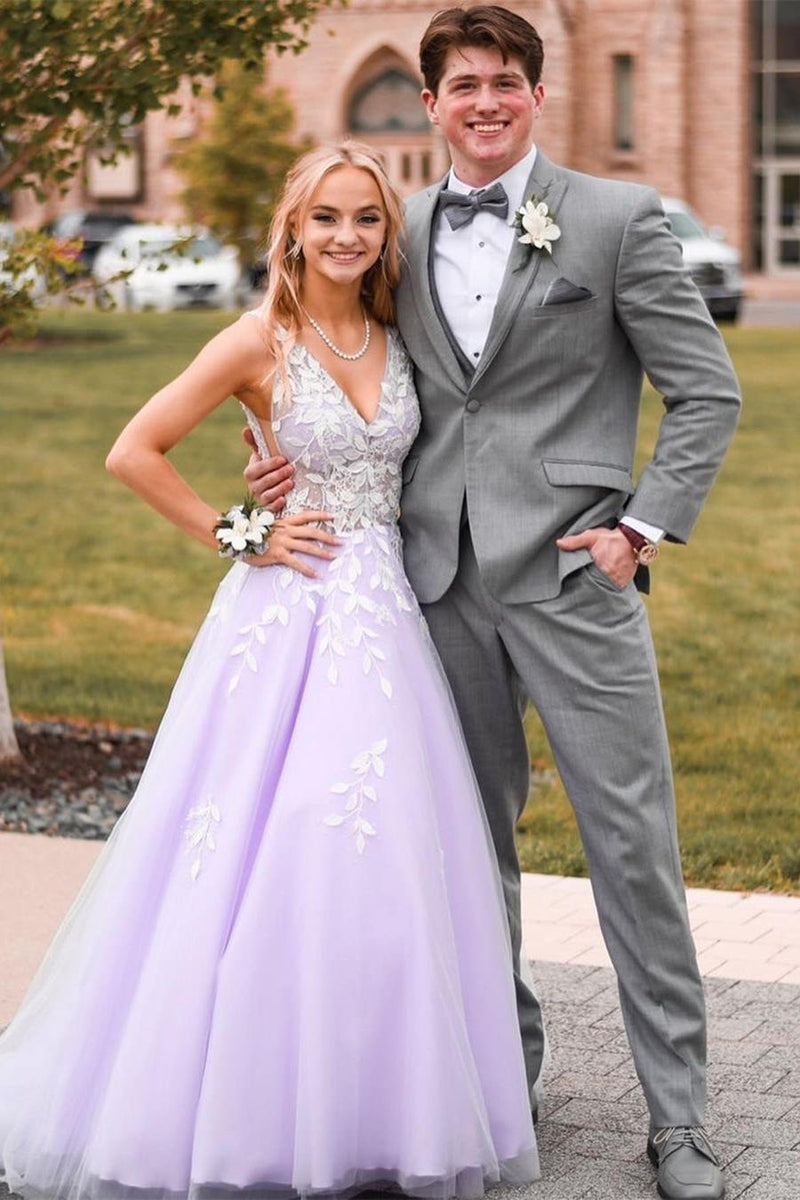 V-Neck Lavender Long Prom Dress with Lace Appliaues