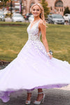 V-Neck Lavender Long Prom Dress with Lace Appliaues