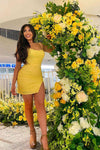 Short Tight Yellow Homecoming Dress with Lace Up