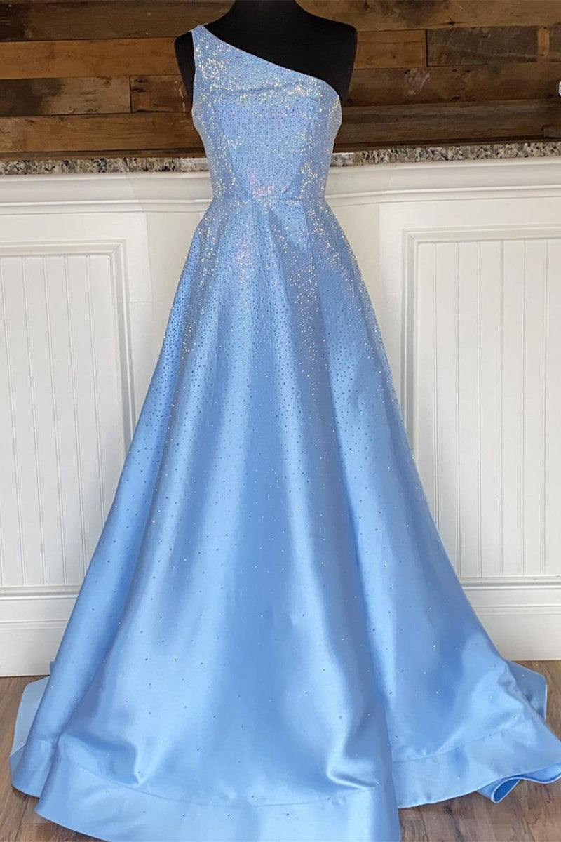 A-Line Light Blue One Shoulder Beaded Prom Dress