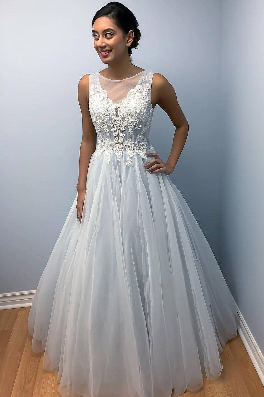 Long Lace-Up Back A-line Light Blue Wedding Dress with Appliques FancyVestido Long Lace-Up Back A-line Light Blue Wedding Dress with Appliques FancyVestido
