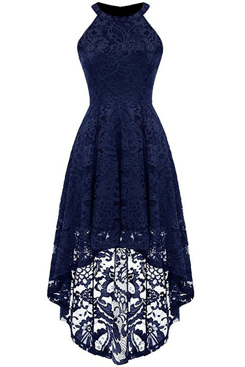 Halter Hi-Low Lace Beige Party Dress