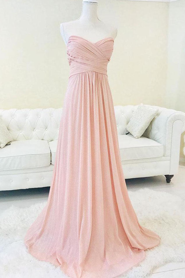 Sweetheart Pleated Pink Chiffon Long Bridesmaid Dress