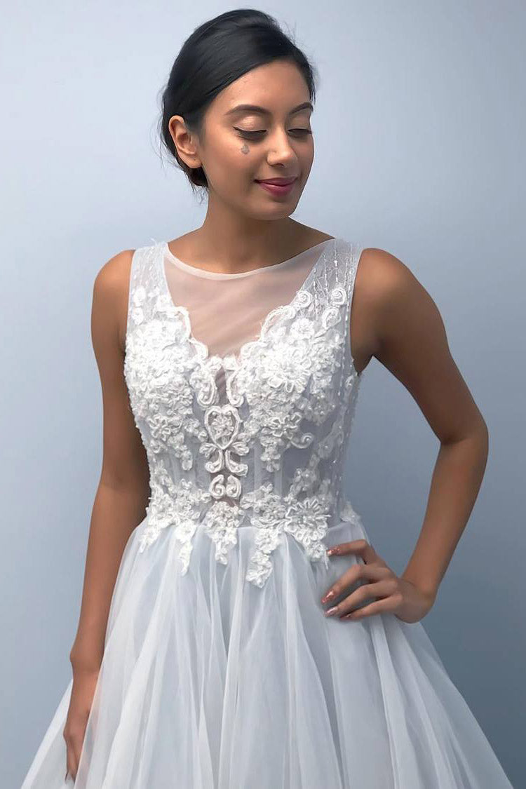 Long Lace-Up Back A-line Light Blue Wedding Dress with Appliques