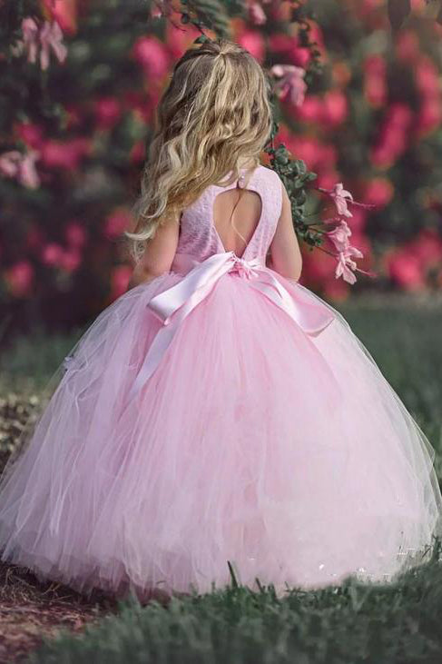 Ball Gown Pink Sequins Long Flower Girl Dress