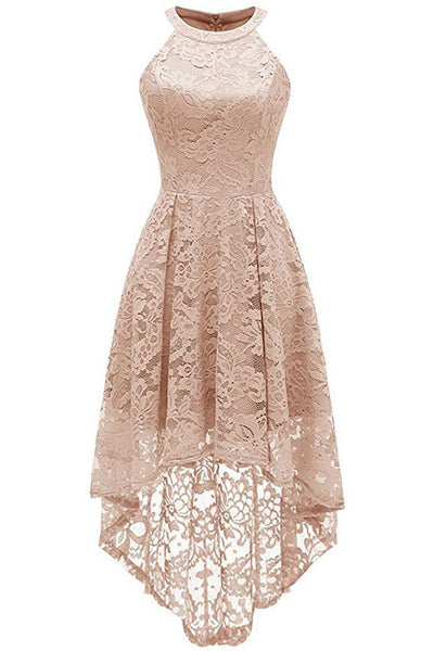 Halter Hi-Low Lace Beige Party Dress