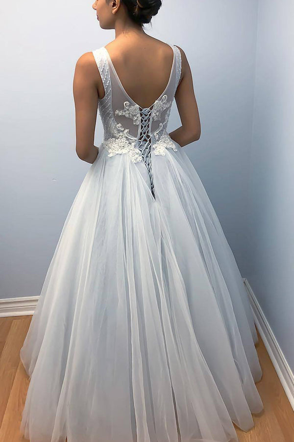 Long Lace-Up Back A-line Light Blue Wedding Dress with Appliques