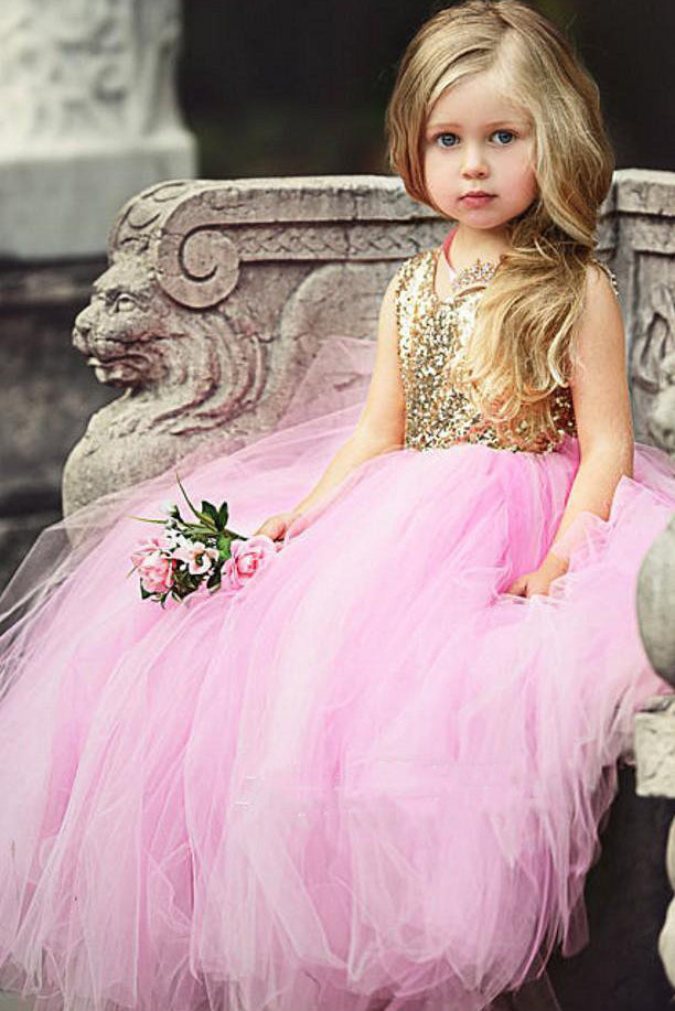 Ball Gown Pink Sequins Long Flower Girl Dress