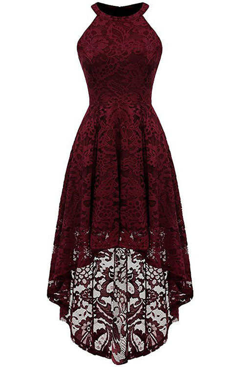 Halter Hi-Low Lace Beige Party Dress