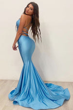 Blue Mermaid V-Neck Satin Long Prom Dress