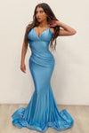 Blue Mermaid V-Neck Satin Long Prom Dress