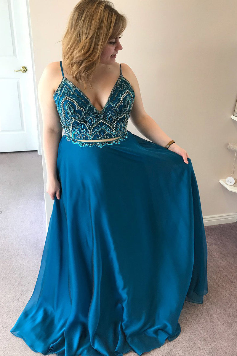 Elegant Two Piece Peacock Blue Satin Long Prom Dress