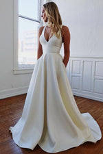 Long A-Line V-Neck White Wedding Gown with BowKnot