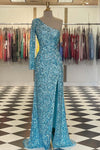 Sparkly Blue Sequind Long Sleeve Prom Dress