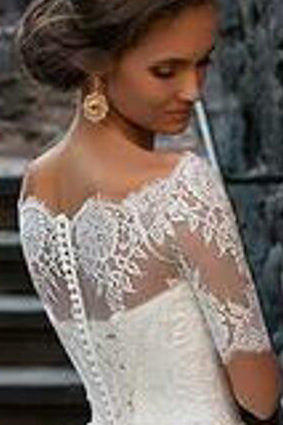 Long A-line Short Sleeves Ivory Wedding Dress with Lace Top