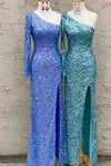 Sparkly Blue Sequind Long Sleeve Prom Dress