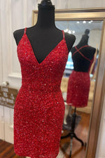 Tight V-Neck Red Mini Party Dress
