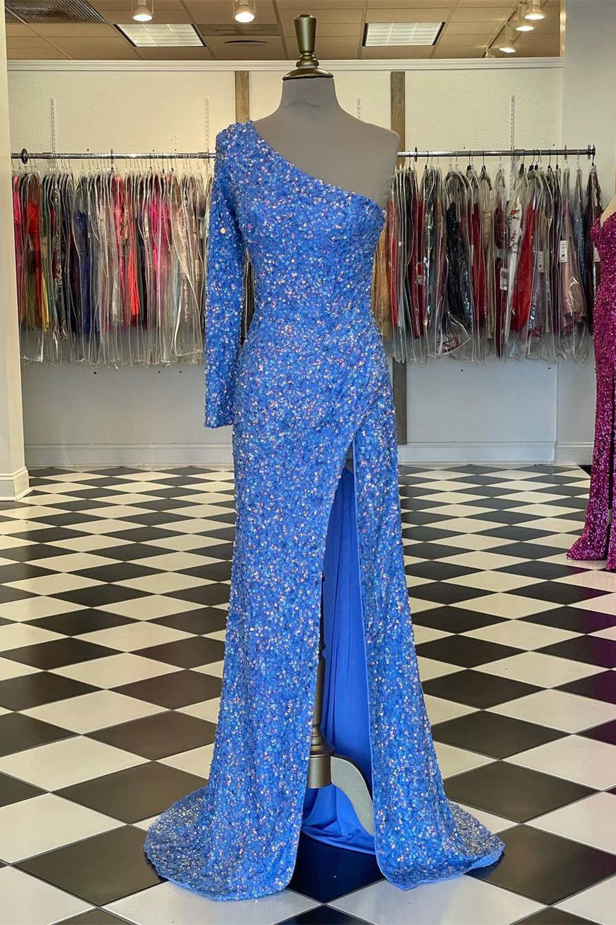 Sparkly Blue Sequind Long Sleeve Prom Dress FancyVestido Sparkly Blue Sequind Long Sleeve Prom Dress FancyVestido