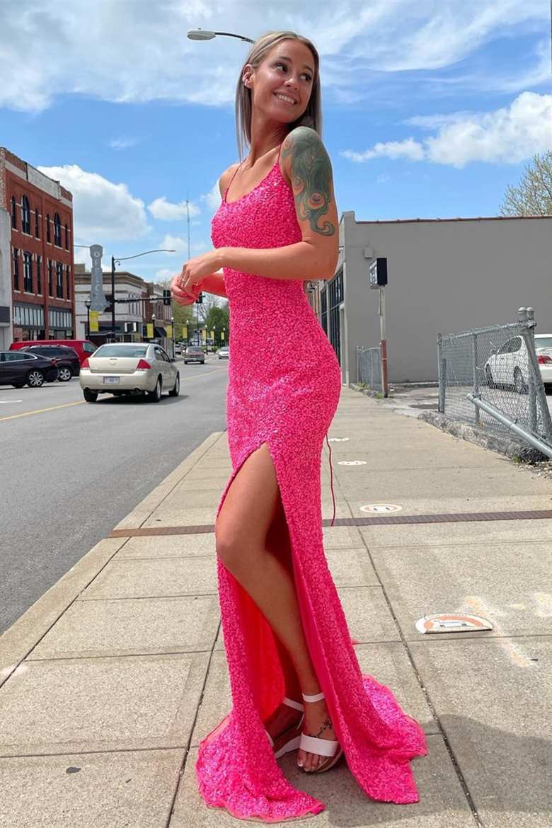 Glitter Straps Hot Pink Sequins Prom Gown with Slit