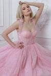 Princess Tie Straps  Pink Long Homecoming Dress with Gold Stars