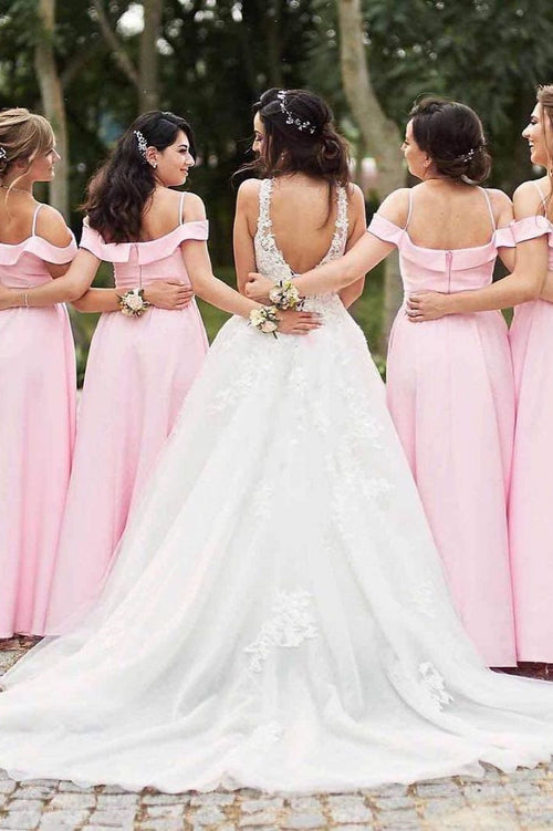 A-Line Cold Sleeve Pink Bridesmaisd Dress