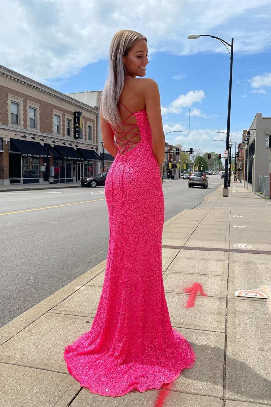 Glitter Straps Hot Pink Sequins Prom Gown with Slit FancyVestido Glitter Straps Hot Pink Sequins Prom Gown with Slit FancyVestido