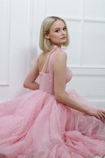 Princess Tie Straps  Pink Long Homecoming Dress with Gold Stars