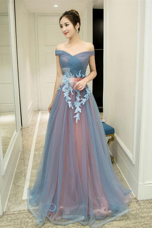 Chic Off the Shoulder Dusty Bule and Pink Long Prom Dress
