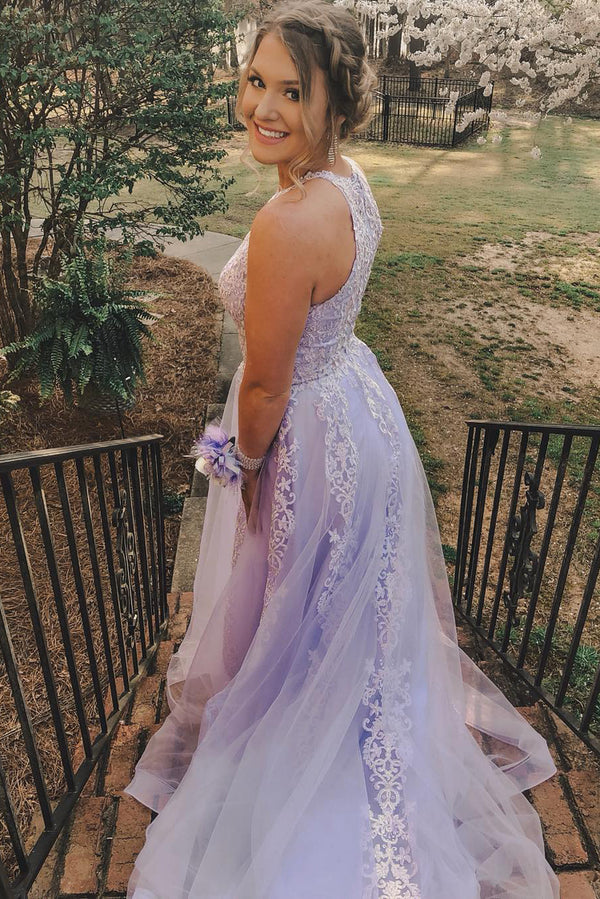 Tulle A-Line Round Sleeveless Lace Appliques Prom Party Dress