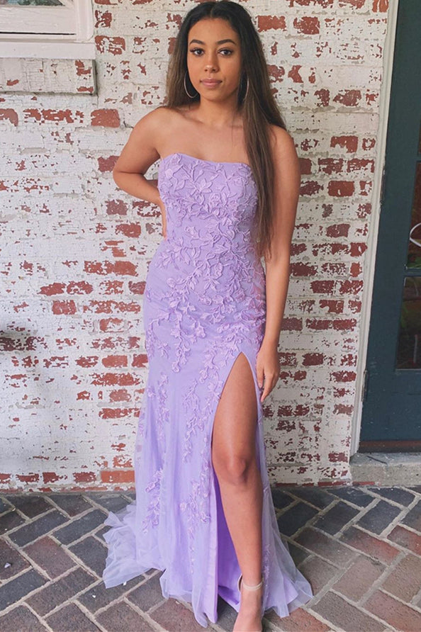 Strapless Mermaid Long Lavender Lace Prom Dress with Slit