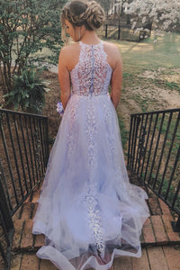 Tulle A-Line Round Sleeveless Lace Appliques Prom Party Dress