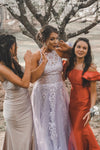 Jewel Neck Appliques Lavender Prom Dress with Train