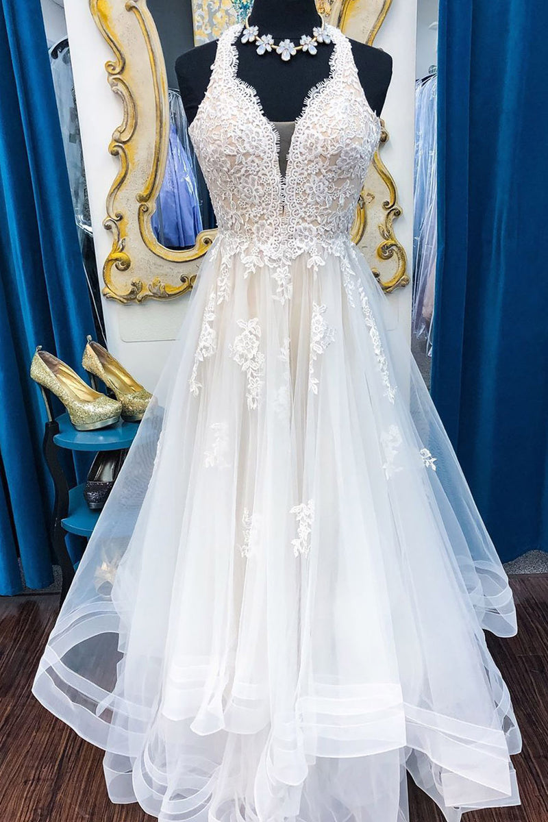 Long Illusion V-Neck A-line Halter Ivory Wedding Dress with Lace