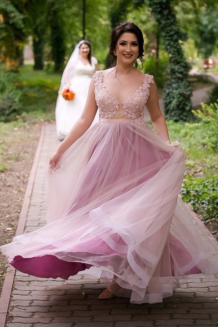 Illusion Neck Floor Length Pink Prom Dress with Lace Top