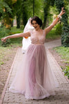 Illusion Neck Floor Length Pink Prom Dress with Lace Top