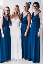 Simple Navy Blue V Neck Floor Length Bridesmaid Dress
