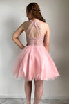 Cute Pink Crew Neck Beaded Short Homecoming Dress