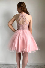 Cute Pink Crew Neck Beaded Short Homecoming Dress